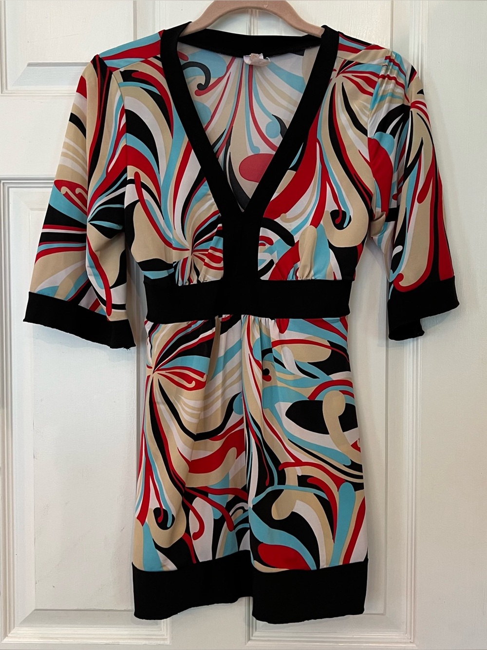 Y2K Baby Doll Empire Waist Shirt Tunic Tie Back Abstract Retro Artsy Sz L FLAWS
